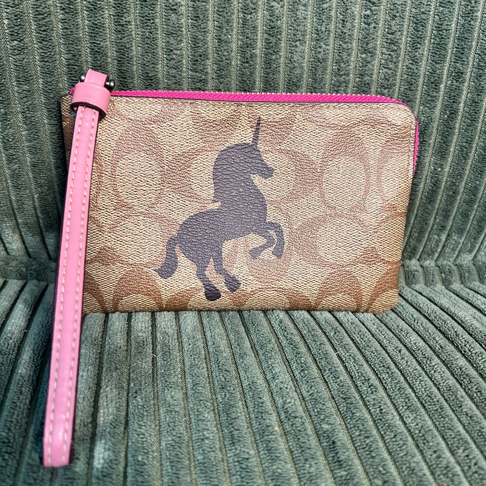 Coach Tan and Pink Unicorn Wristlet